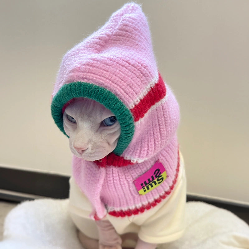 Knit Hooded Scarf Hat for Sphynx